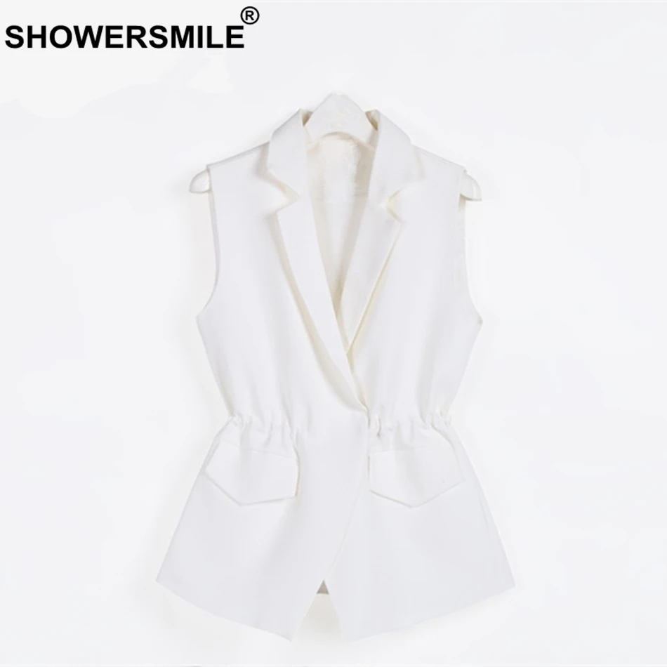 SHOWERSMILE White Vest Women Sleeveless Blazer Office Lady Slim Fit Waistcoat Turn Down Collar Brand Short Female Vests Coats