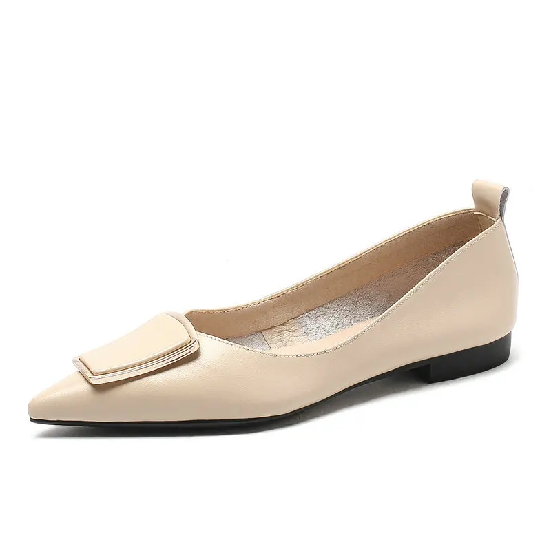 

Comfort Genuine Leather Low-heel Shoes Woman Fashion pointed toe Spring Shoes Ladies lazy party shoes Black Nude