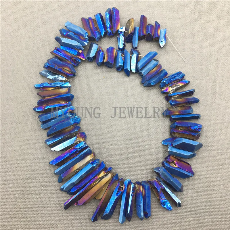 

MY0573 Mystic Blue Titanium Raw Quartz Point,Rough Quartz Crystal Points,Spike Stick Point Top Drilled Chip Necklace Beads