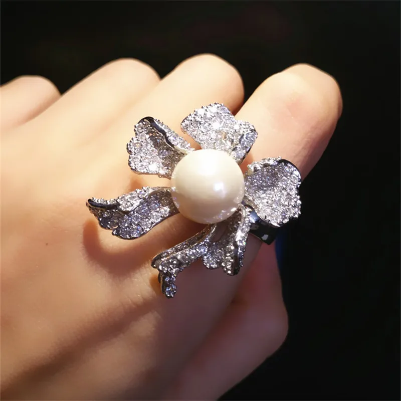 

ALooWay Big Surface One Simulated Pearl In Flower Design Inlay Full Shine Zriconia Stone Rings For Women Fashion Jewelry 2017