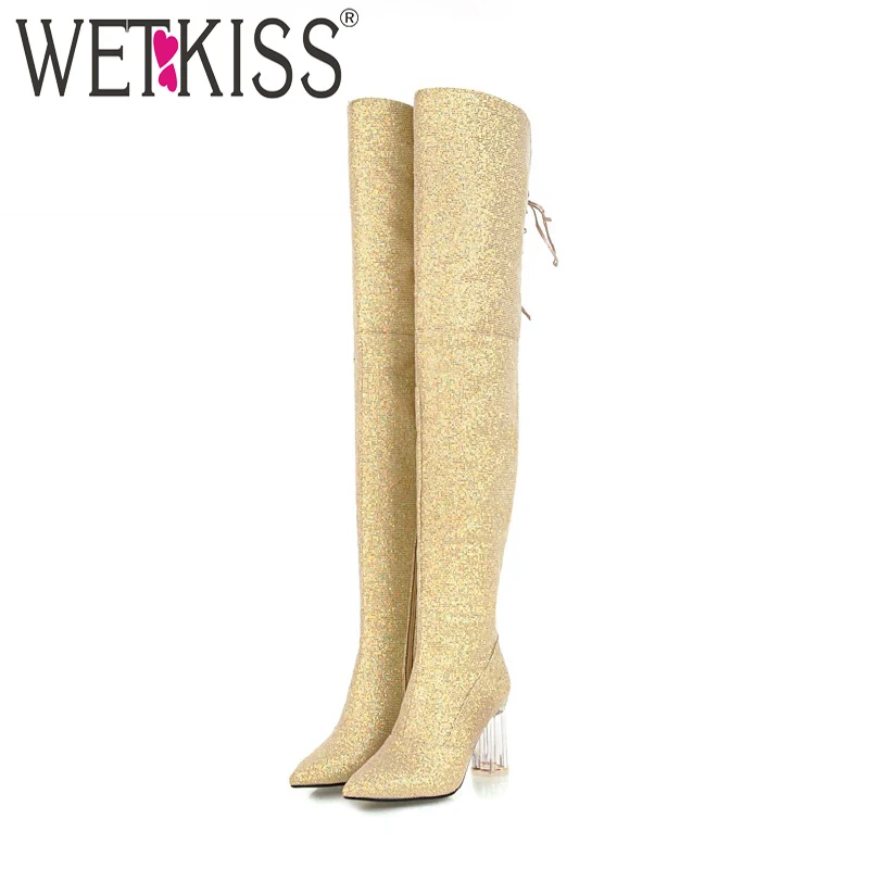 

WETKISS Winter Over The Knee Women Boots Bling Footwear Pointed Toe Boot Shoes Transparent High Heeled Shoes 2018 Plus Size 43