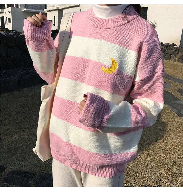 Корейский полосатый лунный Женский вязаный свитер Harajuku Preppy Kawaii Ulzzang женские свитера осенние японские теплые пуловеры с длинным рукавом