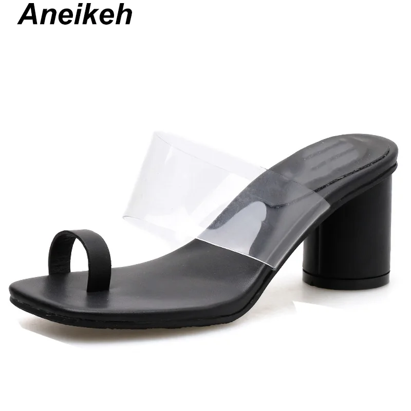 

Aneikeh 2019 Summer Fashion Transparent PU Women Slippers Solid Flip-Flops Square High Heel Daily Outside Black White Size 35-39