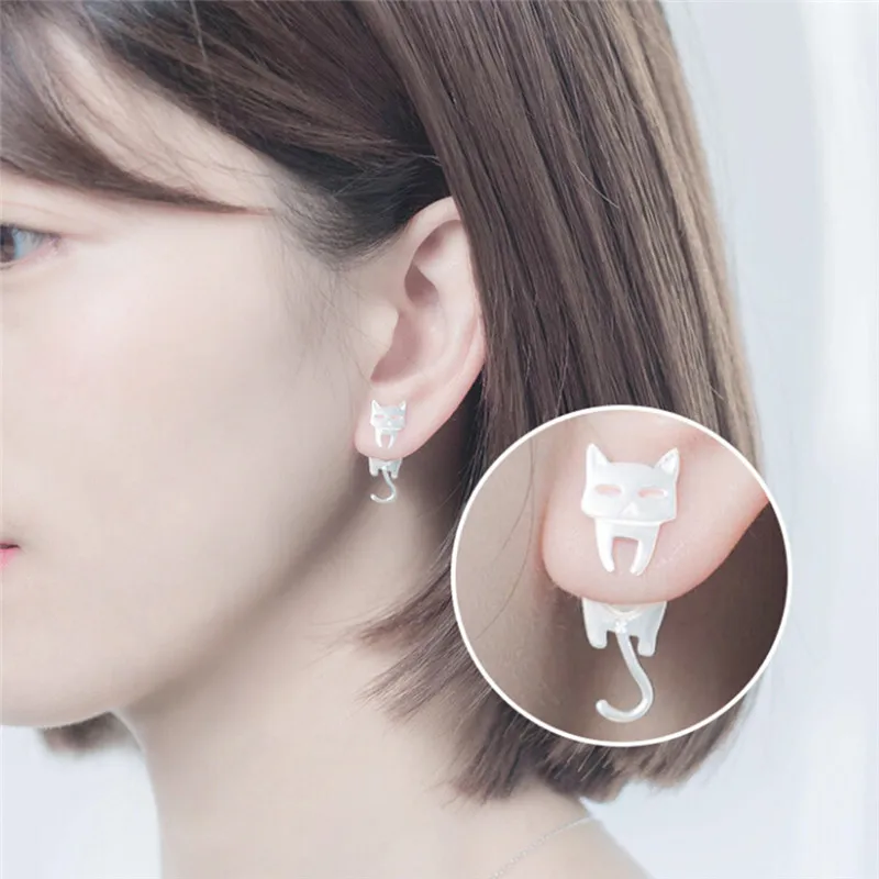 Fashion 1Pair Cute Cat Fish Asymmetric Polish Earring Silver Hypoallergenic Stud Earrings Jewelry Gift For Women