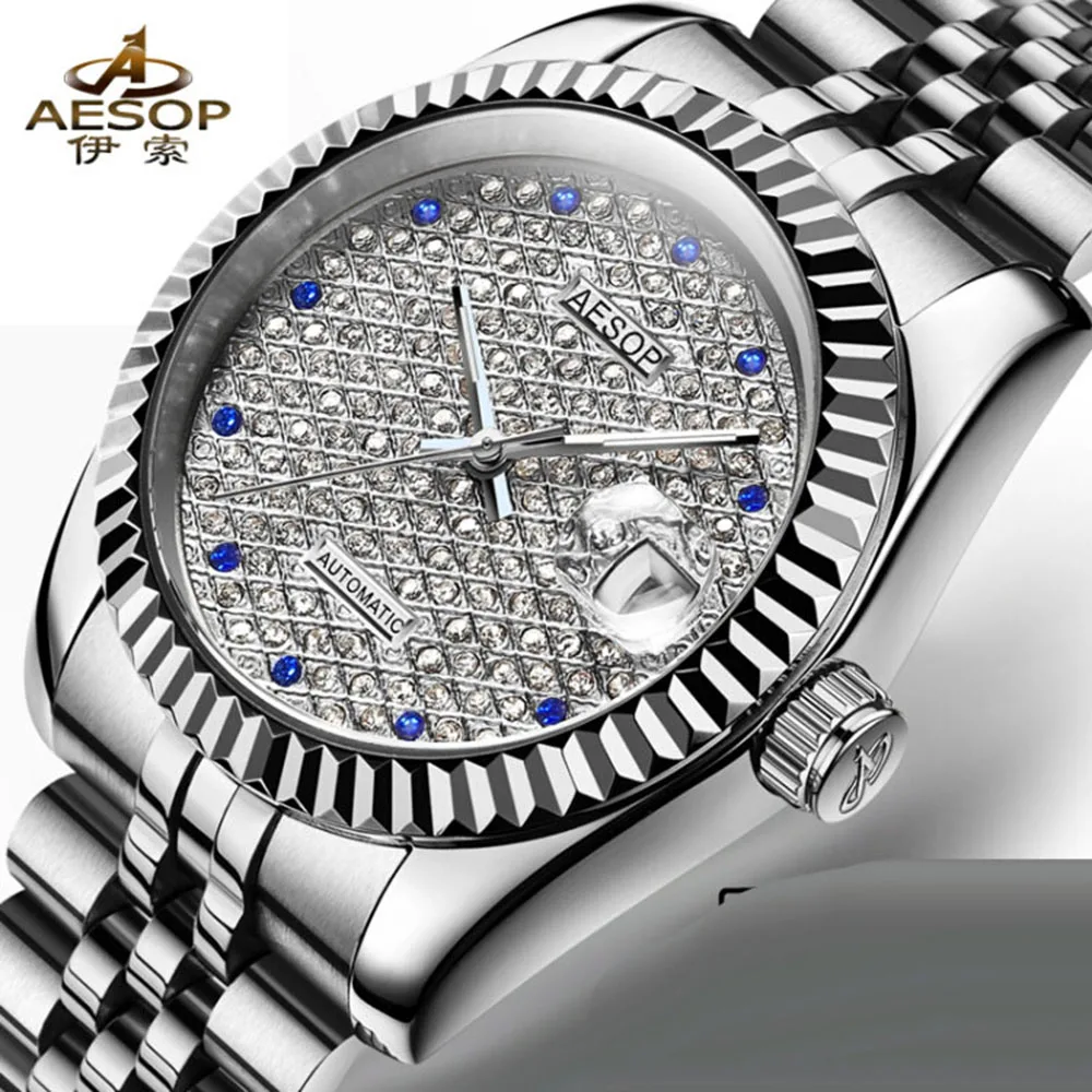 

Luxury AESOP Automatic Self-Wind Watch Men Luminous Sapphire Full Diamond Dial Waterproof Transparent Stainless Steel Clock