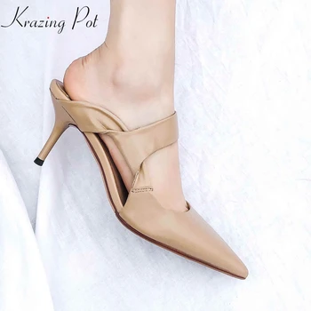 

Krazing pot cow leather mules high quality summer party pointed toe strange design stiletto thin high heels shallow pumps l22