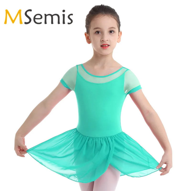 

Kids Girls Swimsuit for Dancing Gymnastics Leotard Dress Ballerina Dress for Girls Mesh Short Sleeve Ballet Dance Dress