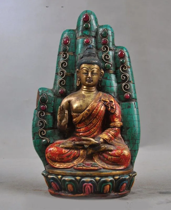 

wedding decoration Old Tibet Bronze gilt Inlay Gem Turquoise Sakyamuni Tathagata Buddha Hand Statue New Year