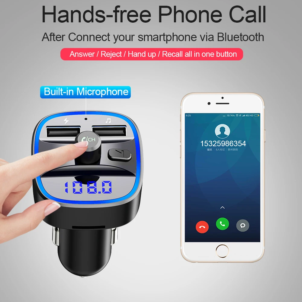 CDEN Car MP3 Bluetooth5.0 FM Transmitter Car Charger U disk lossless music playback Bluetooth hands-free calling Voltage display