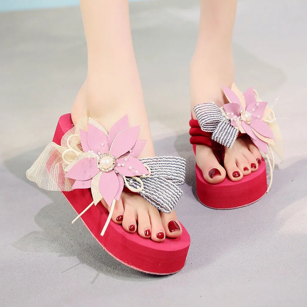 

YOUYEDIAN 2019 Women Slippers Bohemian Floral Summer Slippers Wedges Flip Flops Platfrom Slippers Women Beach Shoes Red