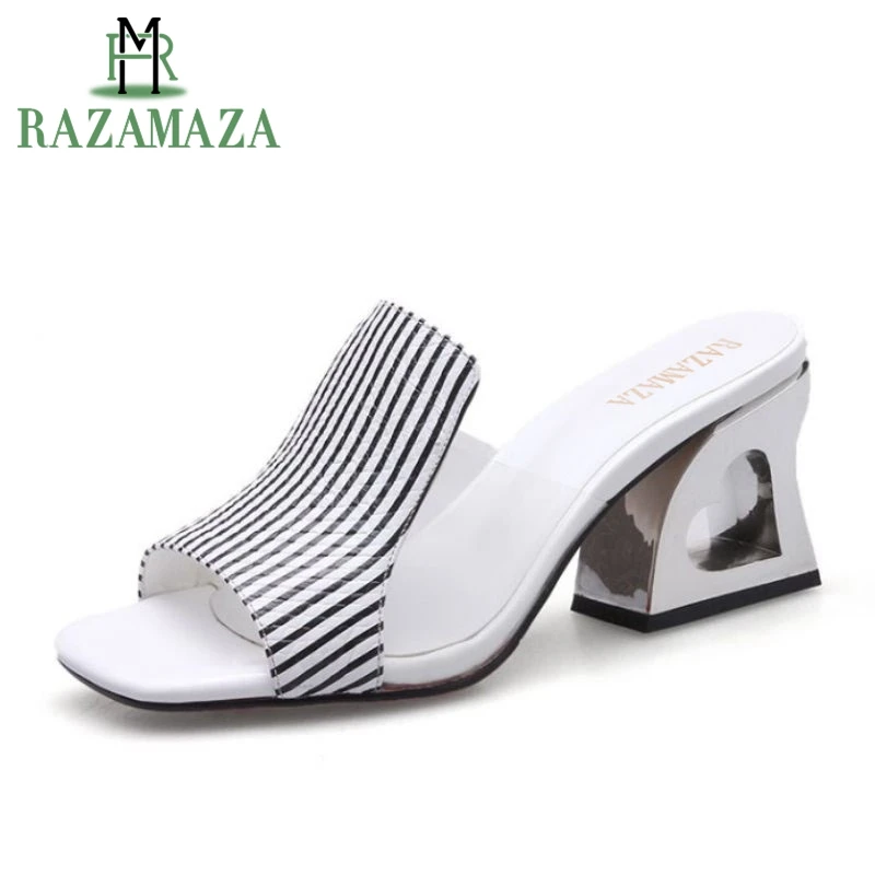 

ZALAVOR Mature Women Real Genuine Leather High Heel Sandals Print Striped Gold Heel Slippers Summer Vacation Shoe Size 34-39