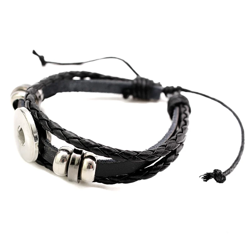 Snap Leather Bracelet Retro Handmade Braided Leather Snap Button Bracelets & Bangles 10pcs Fit 18mm Jewelry