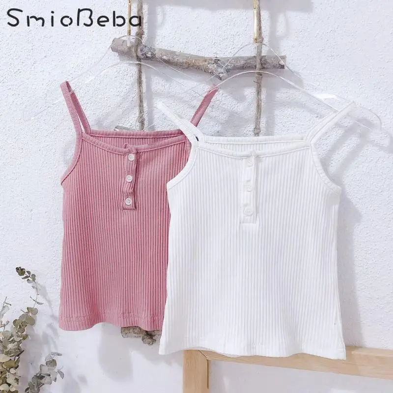 

Baby Girls White Shirts Sleeveless Vest Top Tee Kids Clothes School Girl Blouse Knitted Korean Suspender Vest In Two Colors Tops