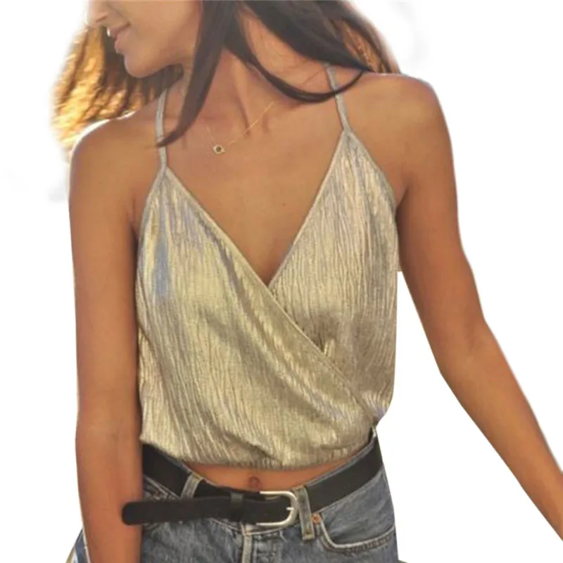 

Spaghetti Strap Sexy shirt Sleeveless shirts 2017 Summer Bralette Crop Top Mujer Deep V Neck shirts Ladies Shiny Bralett