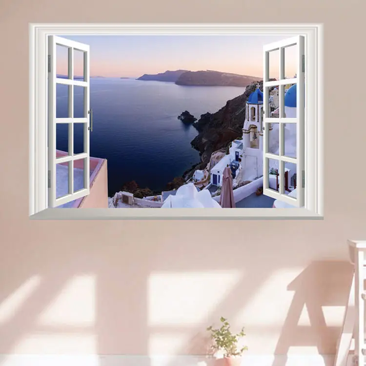 

Beautiful Bay 3D Window View Removable Decal Home Decor Mural Wall Vinyl Sticker 3D fake window wall stickers Deep Blue Sea View
