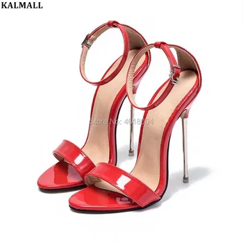

KALMALL Sexy Women Red White Black Fetish Sandals Metal Ultra High Heels Ankle Strap Stilettos Dance Shoes Lady Plus size 43