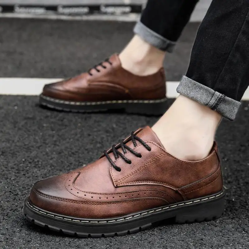 

YEELOCA Mens Single Boots Bullock Ankle Boots Male Lace Up Anti-slip Booties British Shoes Increase Men Zapatos De Hombre