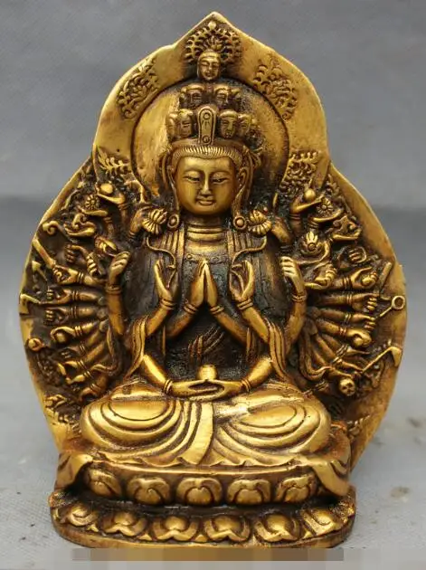 

S7166 Chinese Bronze Gilt 1000-Arm Avalokiteshvara Buddha Statue Old Kwan-yin Figurine D0317
