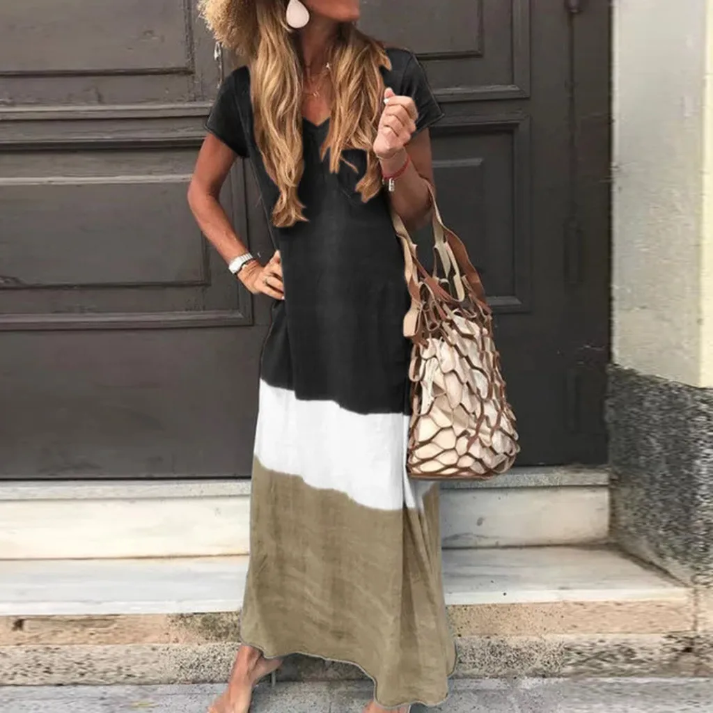 

JAYCOSIN Women Plus Size Daily Tie-dyed Color Block Loose V Neck Short Sleeve Maxi Dress Short Sleeve Tassel Long Dress Z0702