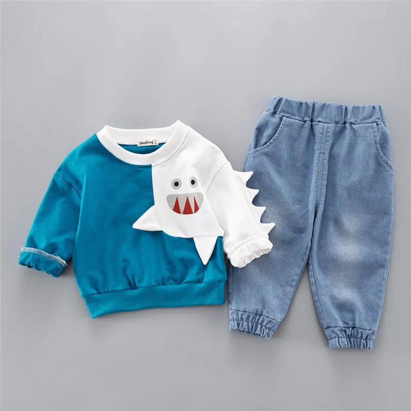  Boys clothes Child Kids Winter Boys Cartoon Shark Long Sleeve Tops Denim Pants Outfits Set #4j22 (21)