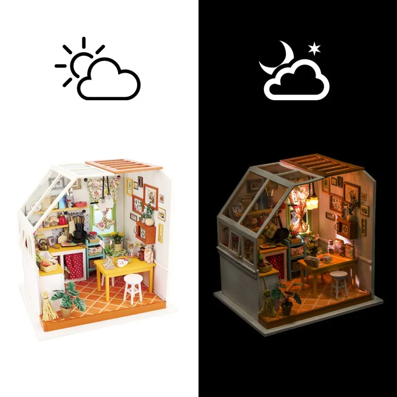 Пользовательские мини милый ветер мультфильм кухня сборки 3D Miniaturas детские развивающие игрушки Кукольный дом мебель деревянные игрушки подарки