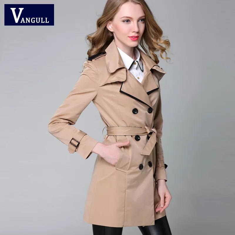 Image VANGULL 2016 New Fashion Designer Brand Classic European Trench Coat khaki Black Double Breasted Women Pea Coat real photos