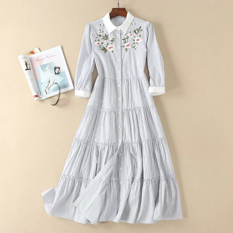

Elegant Lady Spring Dress 2019 New Fashion Runway Designers Turn Down Collar Floral Embroidery Striped Midi Shirt Dress Casual