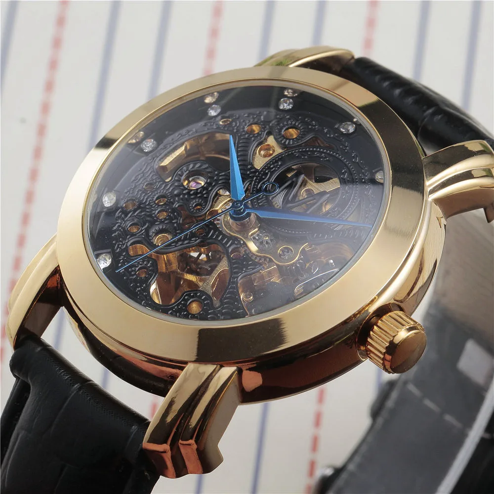 

2016 New Fashion Watches Men Luxury Brand Gold Case Diamond Skeleton Automatic Watch Leather Strap Dress Mechanical Wristwatches