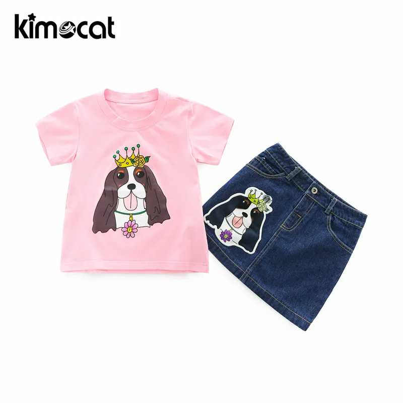 

Kimocat Baby Girl Clothes 2pcs 100% Cotton Cartoon Dog Pink&Red T-shirt+Jeans Dress Kids Sets Toddler Girls Summer Clothes
