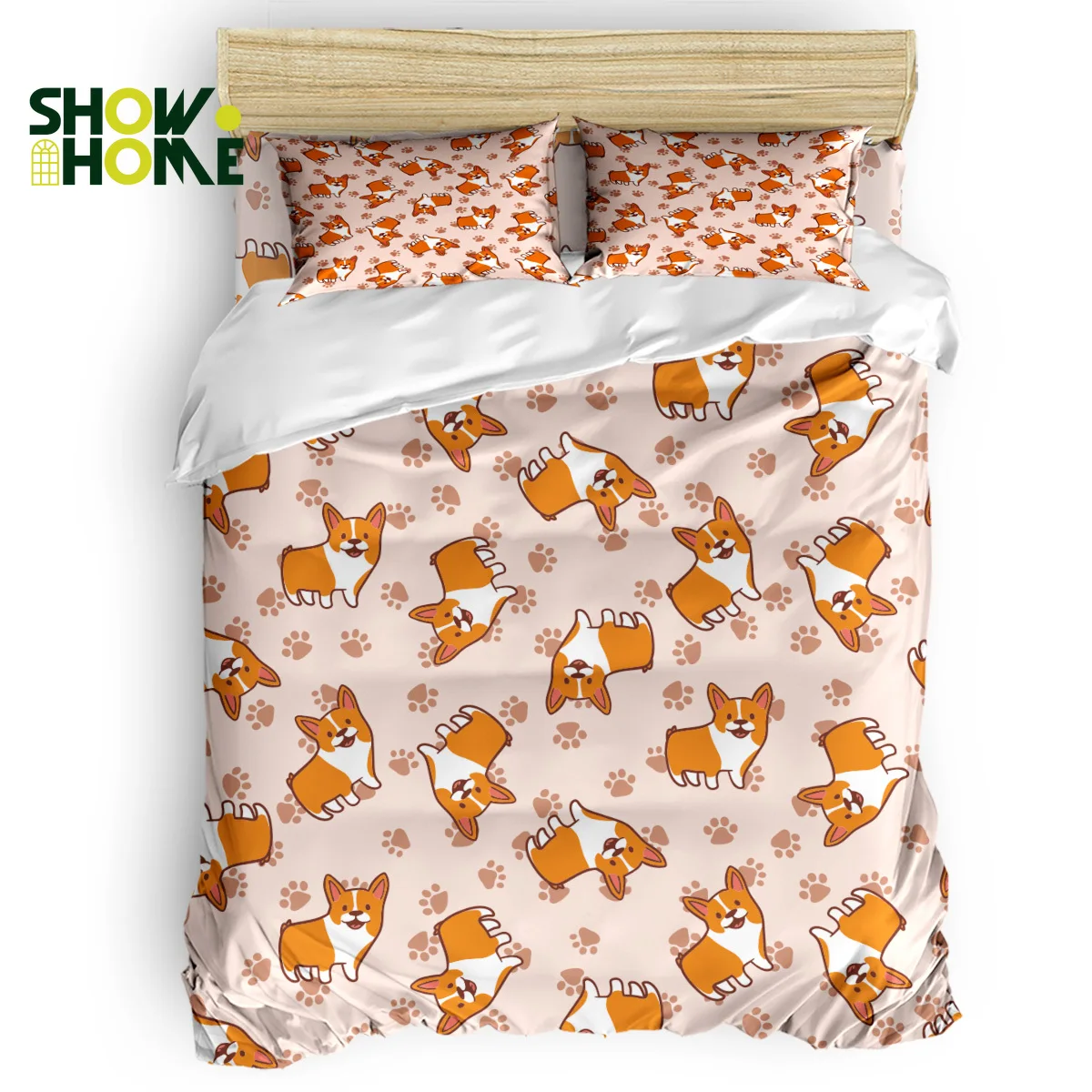 

SHOWHOME Duvet Cover Set Corgi Dog Duvet Cover 4 Piece Bedding Set