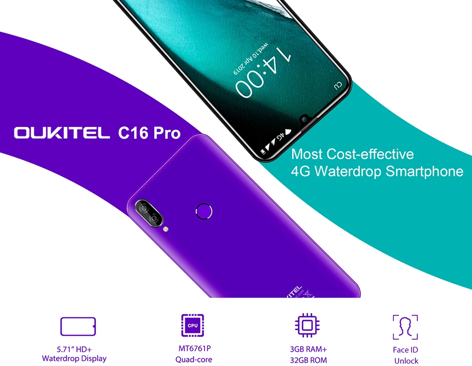 Смартфон OUKITEL C16 PRO 5,71 ''HD+ Android 9,0 Pie, 3 ГБ ОЗУ, 32 Гб ПЗУ, четырехъядерный процессор MT6761P, 2600 мАч, мобильный телефон с функцией распознавания лица, 4G LTE