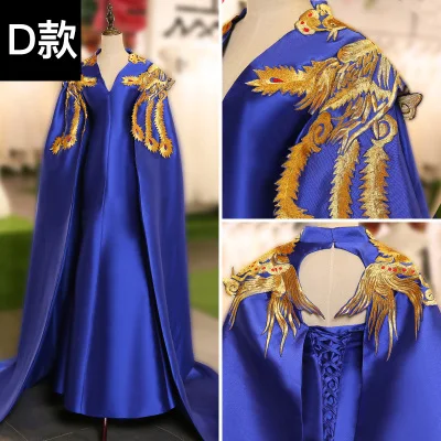 

100%real royal blue golden embroidery drama gown with cloak/long studio stage performance gown/can customs size making