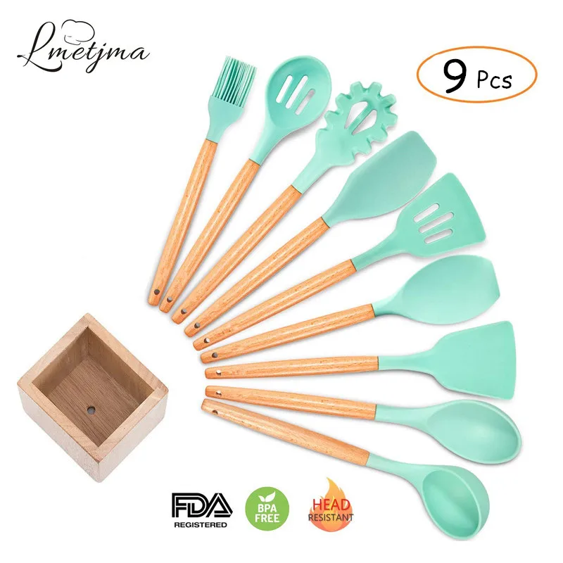 LMETJMA 9 Pieces Cooking Tools Set Silicone Kitchen Cooking Utensils Set With Bamboo Holder Turner Tong Spatula Spoon Set KC0208 LMETJMA 9 Pieces Cooking Tools Set Silicone Kitchen Cooking Utensils Set With Bamboo Holder Turner Tong Spatula Spoon Set KC0208