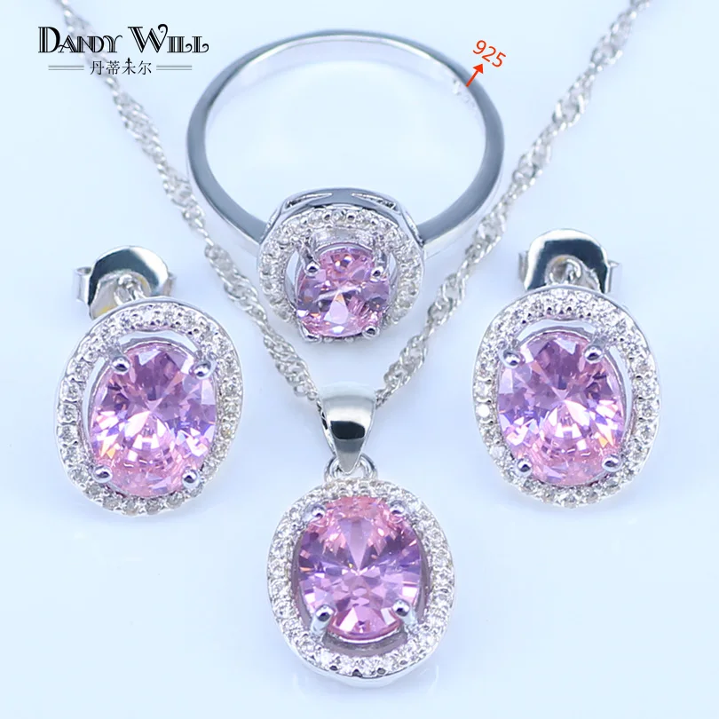 925 Sterling Silver Costume Jewelry Sets Pink Cubic Zirconia Women Wedding Earrings With Stones