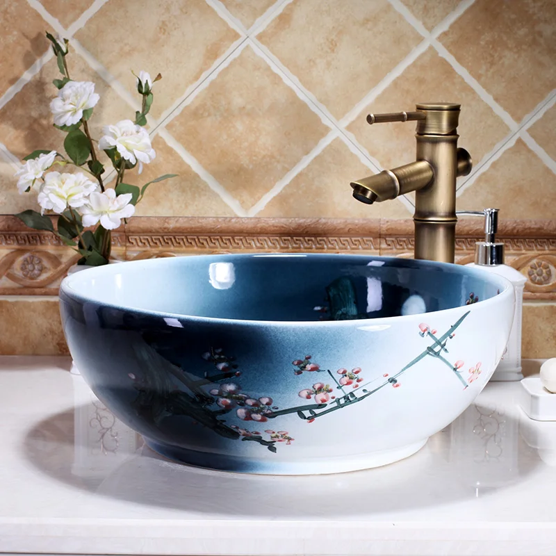 Ceramic Painting  plum blossom China Painting wash basin Bathroom vessel sinks counter top hand wash ceramic wash basin (8)