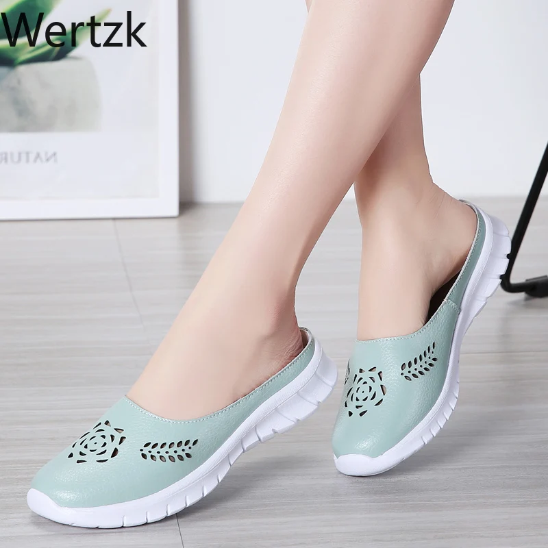 

New Woman Genuine Leather Women Flats Hollow Cut-Outs Summer Shoes Women's Loafers Female Solid Shoe Slides femme Plus Size E508