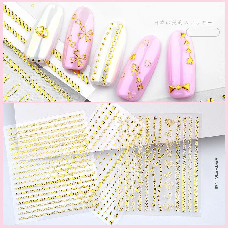 

1 Sheet Gold Metal Chain Zipper Solid 3D Nail Sticker Self-adhesive Transfer Sticker Manicure Nail Art Decorations 10 styles NEW