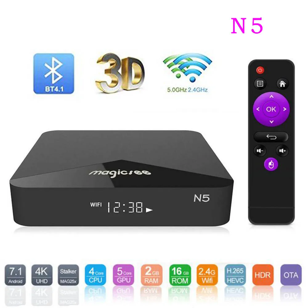 

Magicsee N5 Android 7.1 Smart TV BOX Amlogic S905X Quad-core 2GB 16GB 2.4G&5G Dual WiFi Support 4K BT 4.1 H.265 Set Top Box