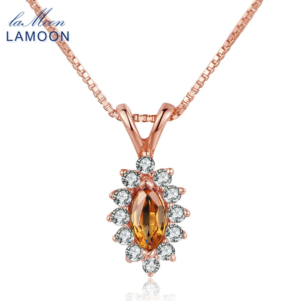 LAMOON Amber Pendant Necklace 925 Sterling Silver Fine Jewelry Horse Eye Shape Natural Citrine Women Pendants Necklaces Collares