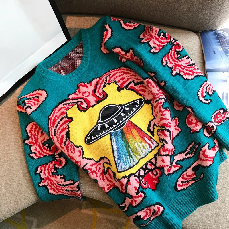 Women New vintage warm sweaters UFO Clouds Jacquard pullovers winter autumn knitted retro loose tops blusas C-012