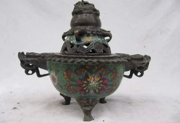 

Elegant old S1217 Tibet temple 100% Pure Bronze cloisonne Buddhism Dragon Censer incense burner statue (A0322) A0403