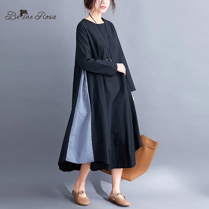 

BelineRosa Plus Size Women Clothing Loose Long Dress False 2 PCS Cotton Linen Dresses YPYC0019
