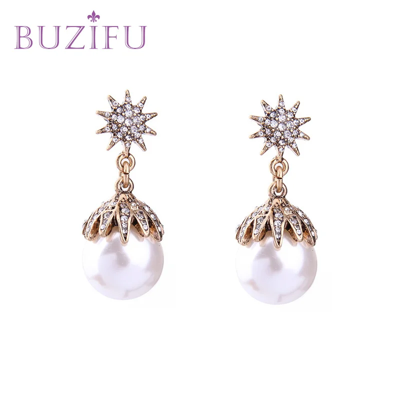 BUZIFU Simulated Round Pearl Earrings Gold Color Snow Shaped Shinning Crystal Cute Fashion Wedding Jewelry UE201 | Украшения и