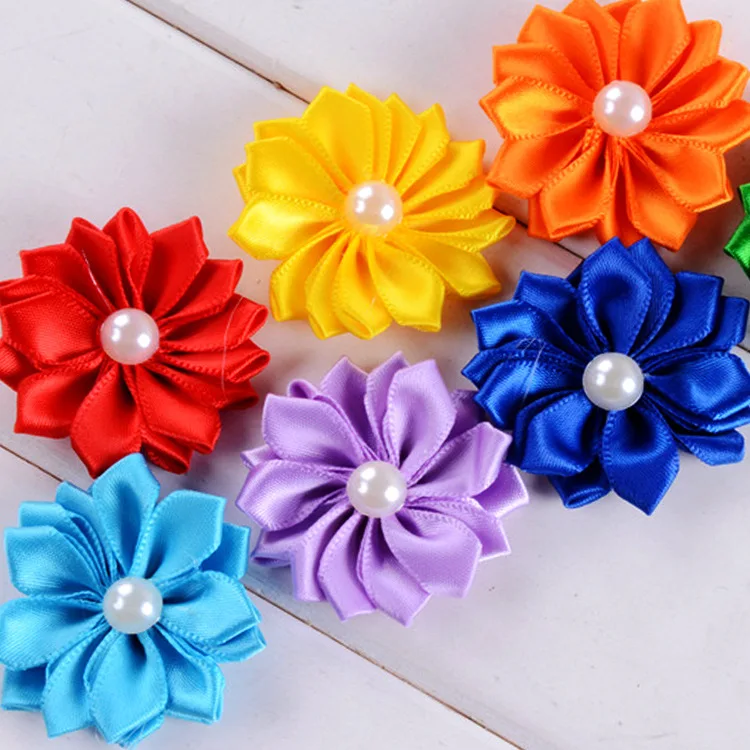 

Yundfly 1.6" 15pcs Chic Ribbon Rosette Flowers With Pearl Button Used for Diy Headband Clips Hair Accessories Decorations