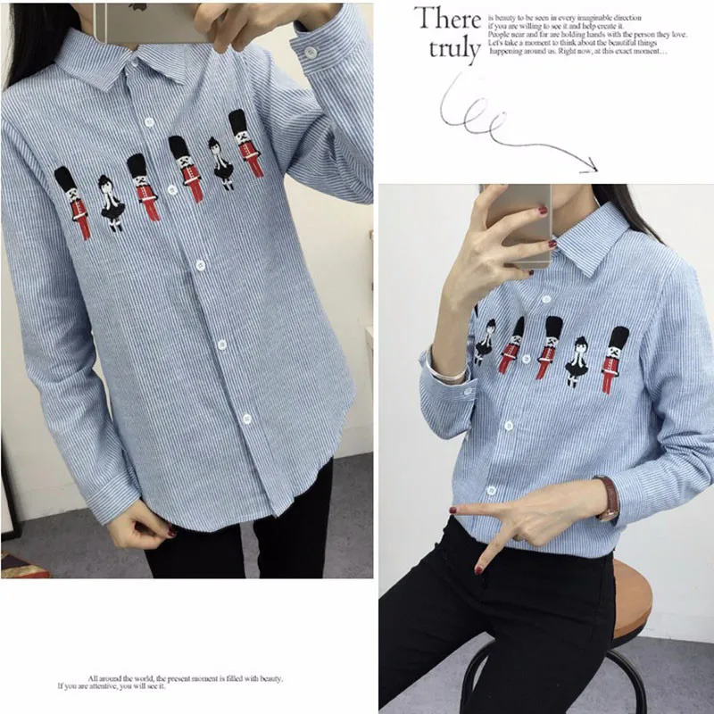 2016 New Spring and Autumn Womens Shirt Blouse Cat Embroidery Long Sleeve Women Shirts Casual Tops Size M-XL07