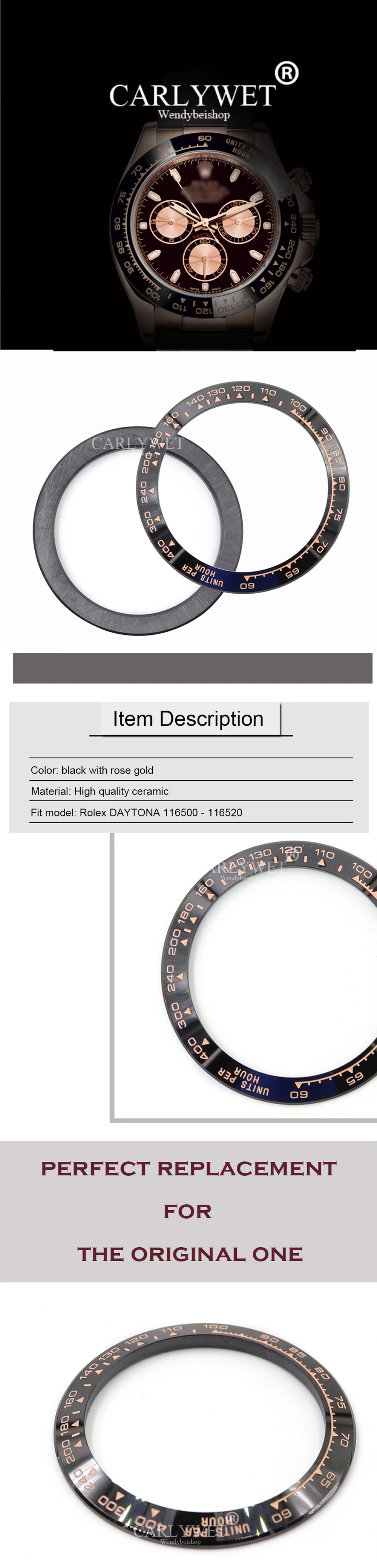 CARLYWET Оптовая DAYTONA Высокое Качество Керамики Черного Цвета с Розовым Золотом Письмо Часы Рамка для 116500-116520