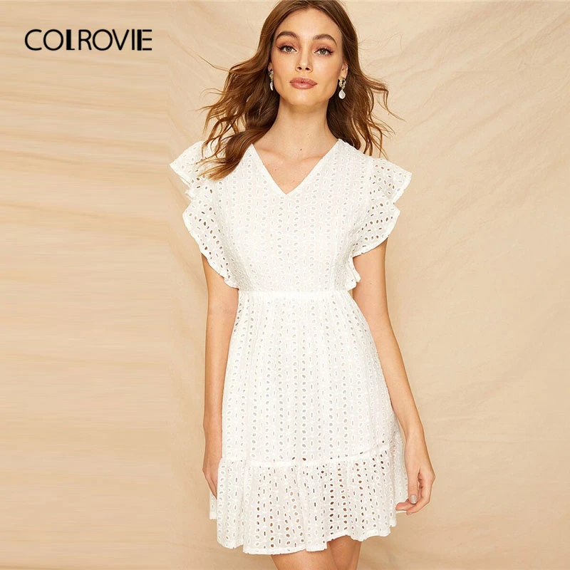 

COLROVIE White V Neck Eyelet Embroidered Ruffle Frill Schiffy Elegant Short Dress Women 2019 Summer Holiday Vacation Dresses