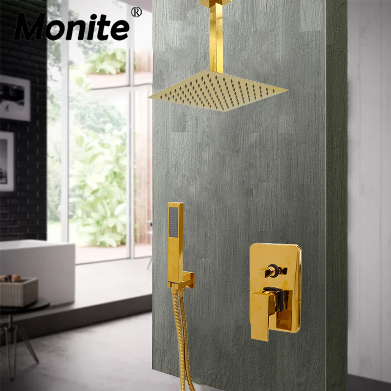 Us 64 69 49 Off Monite 8 Inch Gold Brass Wall Ceiling Mount Rainfall Shower Set Faucet Bathroom Adjust Height Handheld Shower Bathtub Mixer Tap In