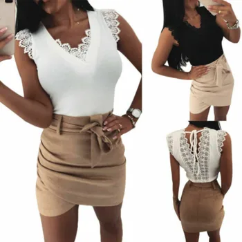 

2019 Fashion Lace Up Hollow Out Lace Spliced Womens Summer Blouse Sexy Sleeveless Casual Shirt