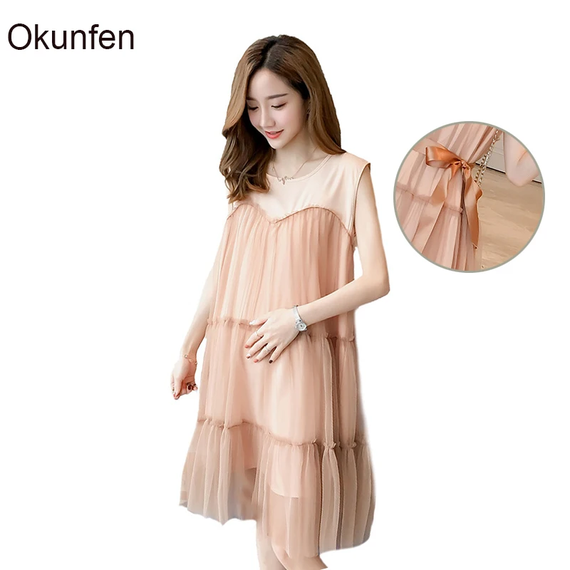 

Tie knot Elegant Sleeveless Dresses For Maternity Dress Summer Patchwork Mess Maternity dress for party Sweet pregnancy Clothes